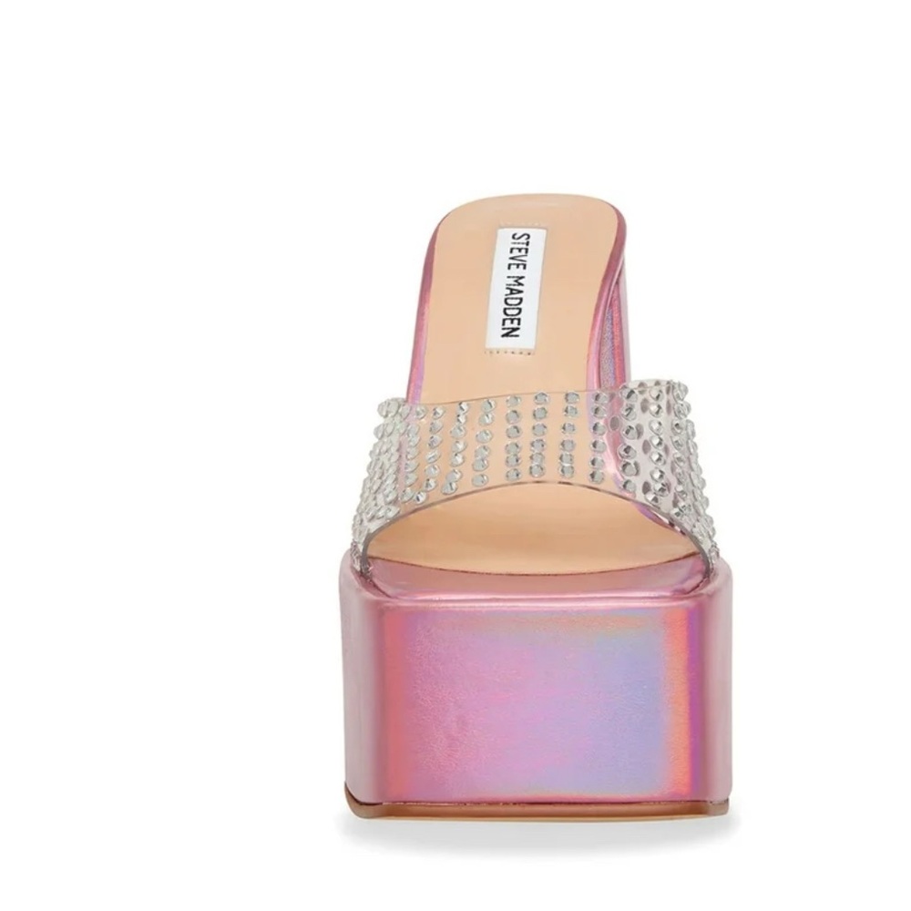 Steve Madden Ruby Iridescent Slip On Block Heel Squared Open Toe Heeled Sandals - Picture 16 of 16